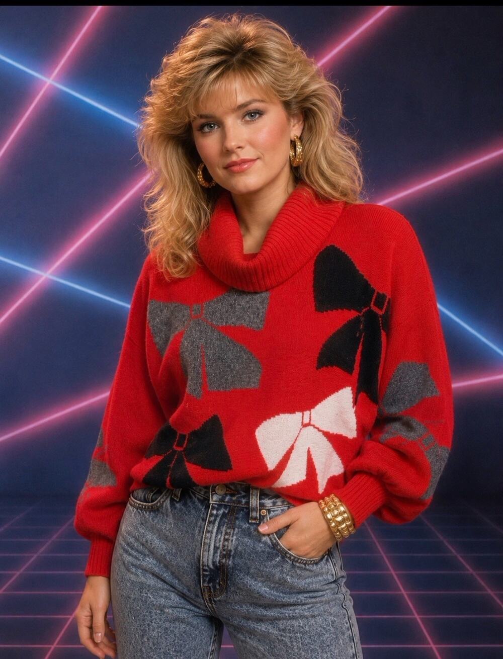 Vintage 80’s Lambs Wool Angora Sweater L Red Cowl Neck Bow’s Retro Preppy Cozy